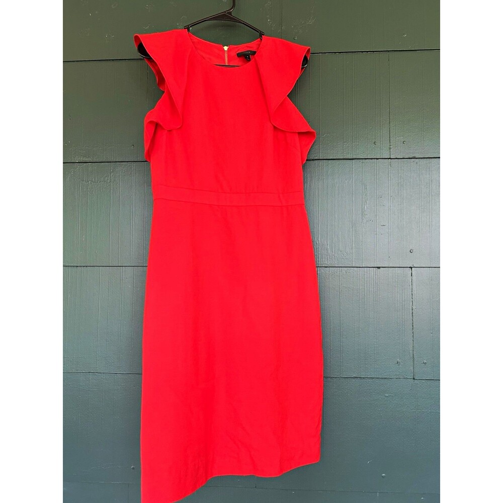 J.CREW Red 100% Wool Sheath Dress 8 Ruffle Shoulder Monday Flutter Sleeve